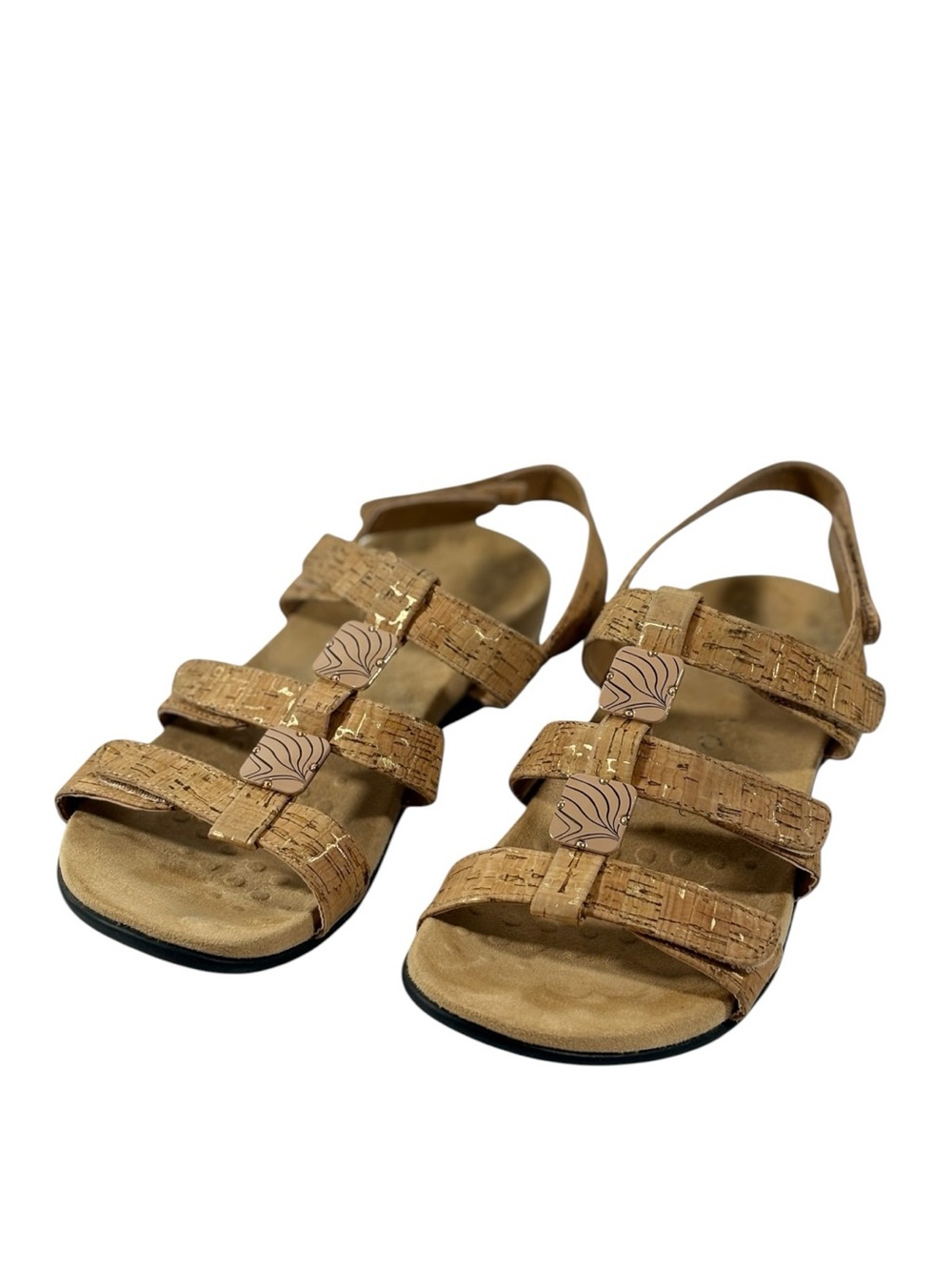 Vionic Amanda Tan Gold Adjustable Strap Cork Enamel Trim Sandals 8